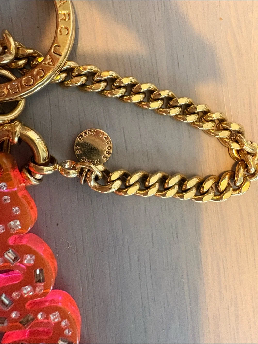 Marc By Marc Jacobs Neon Pink Logo Crystal Keychain with Gold Hardware